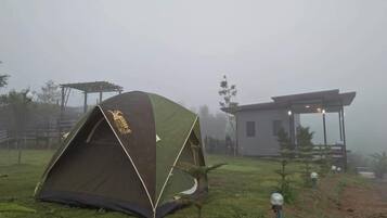 Una carpa montada en un área verde con un edificio pequeño al fondo.