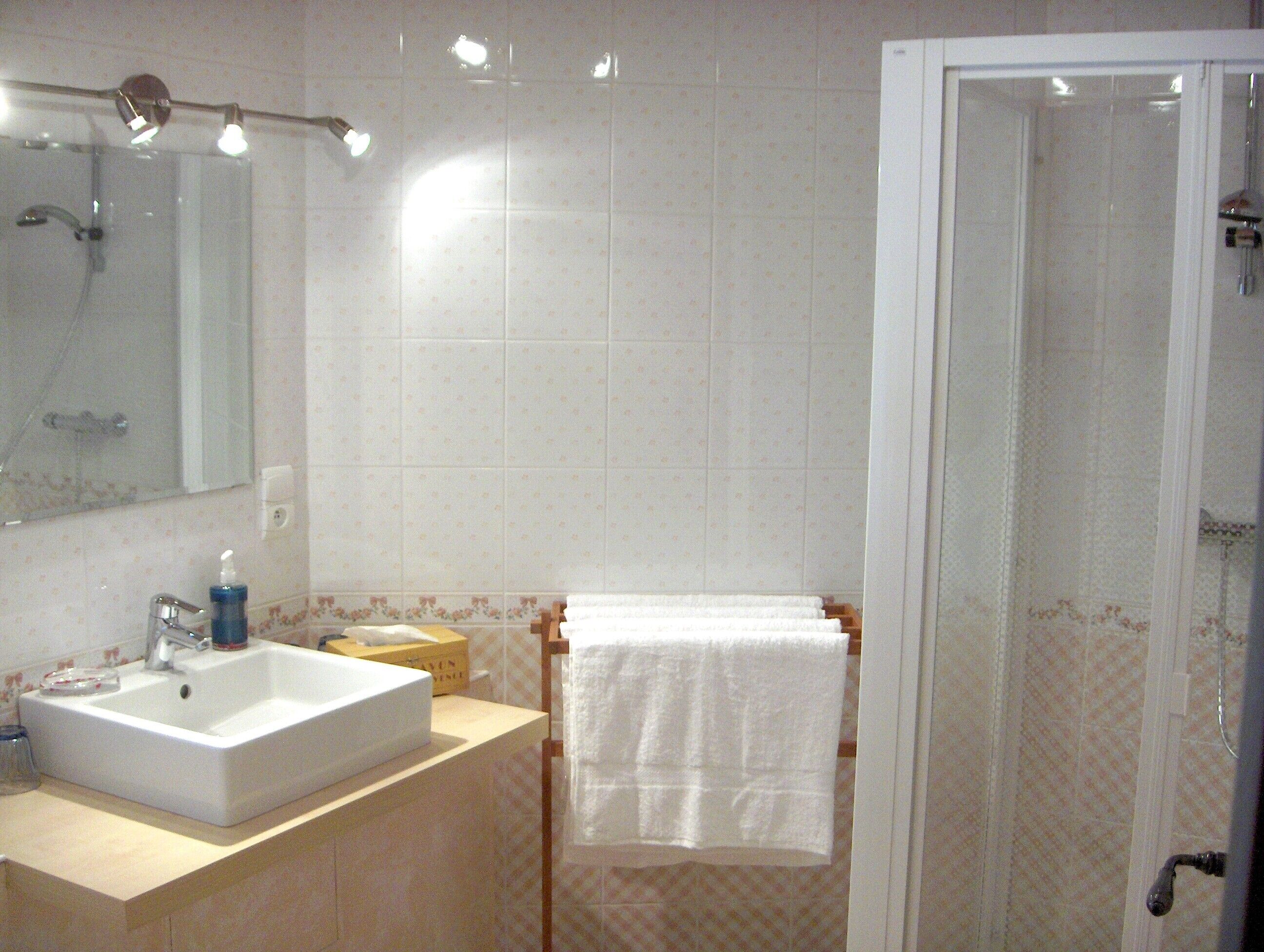 Un baño con lavamanos, espejo y ducha.