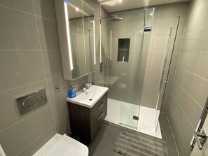 Douche, sèche-cheveux, serviettes fournies, savon