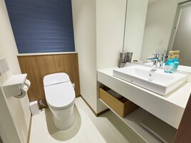 A modern bathroom with a white toilet, a white sink, and a mirror above the sink.