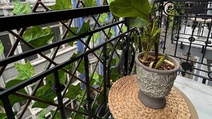 Ein Balkon mit einem Blumentopf auf einer gewebten Matte, umgeben von einem Metallgeländer.