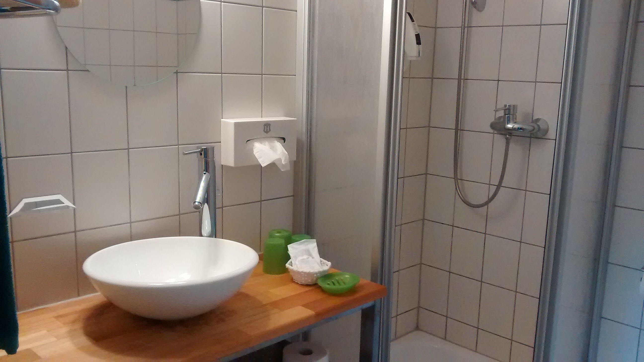 A bathroom with a white sink, a shower, and a toilet.