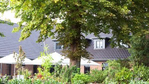A building with a tiled roof, surrounded by lush greenery and potted plants. - Patentkrug Design Hotel (Oldenburg)