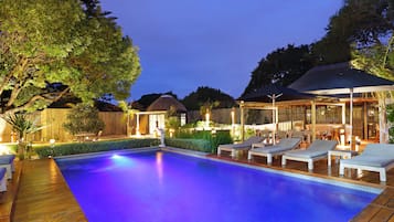 Outdoor pool, pool umbrellas, pool loungers