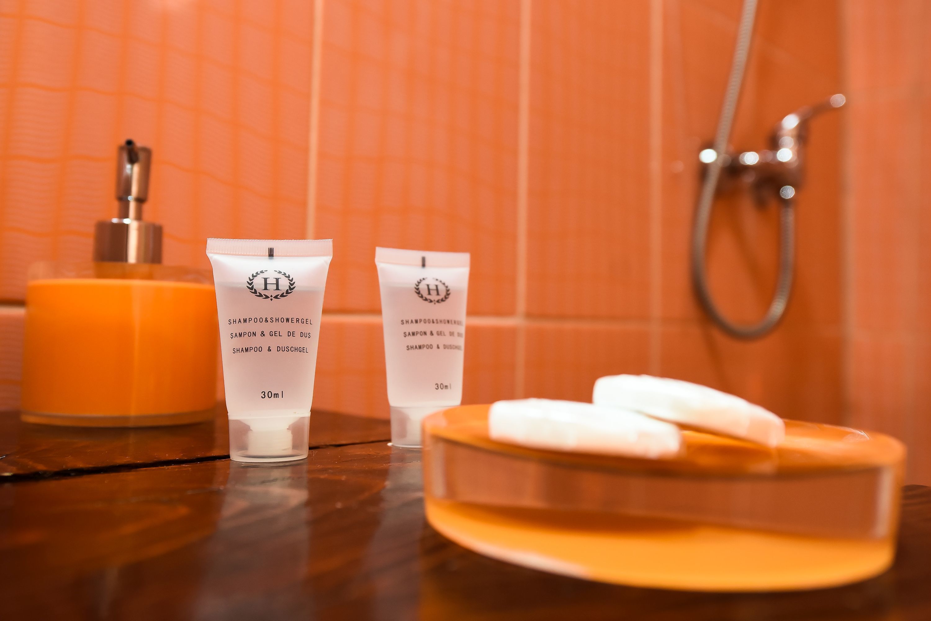 Une salle de bain avec un meuble-lavabo en bois, une douche et deux bouteilles de shampoing et de gel douche.