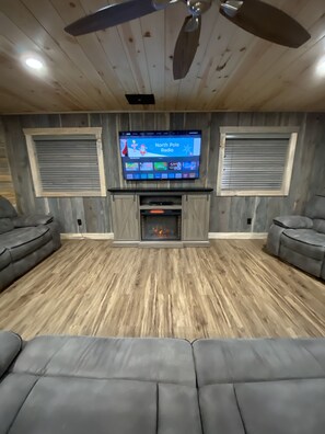 TV, fireplace, video games, DVD player