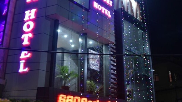A building with signage for 'Marina Airport Hotel' and 'BBQ Restro & Bar'. - Marinha Airport Hotel (Kathmandu)