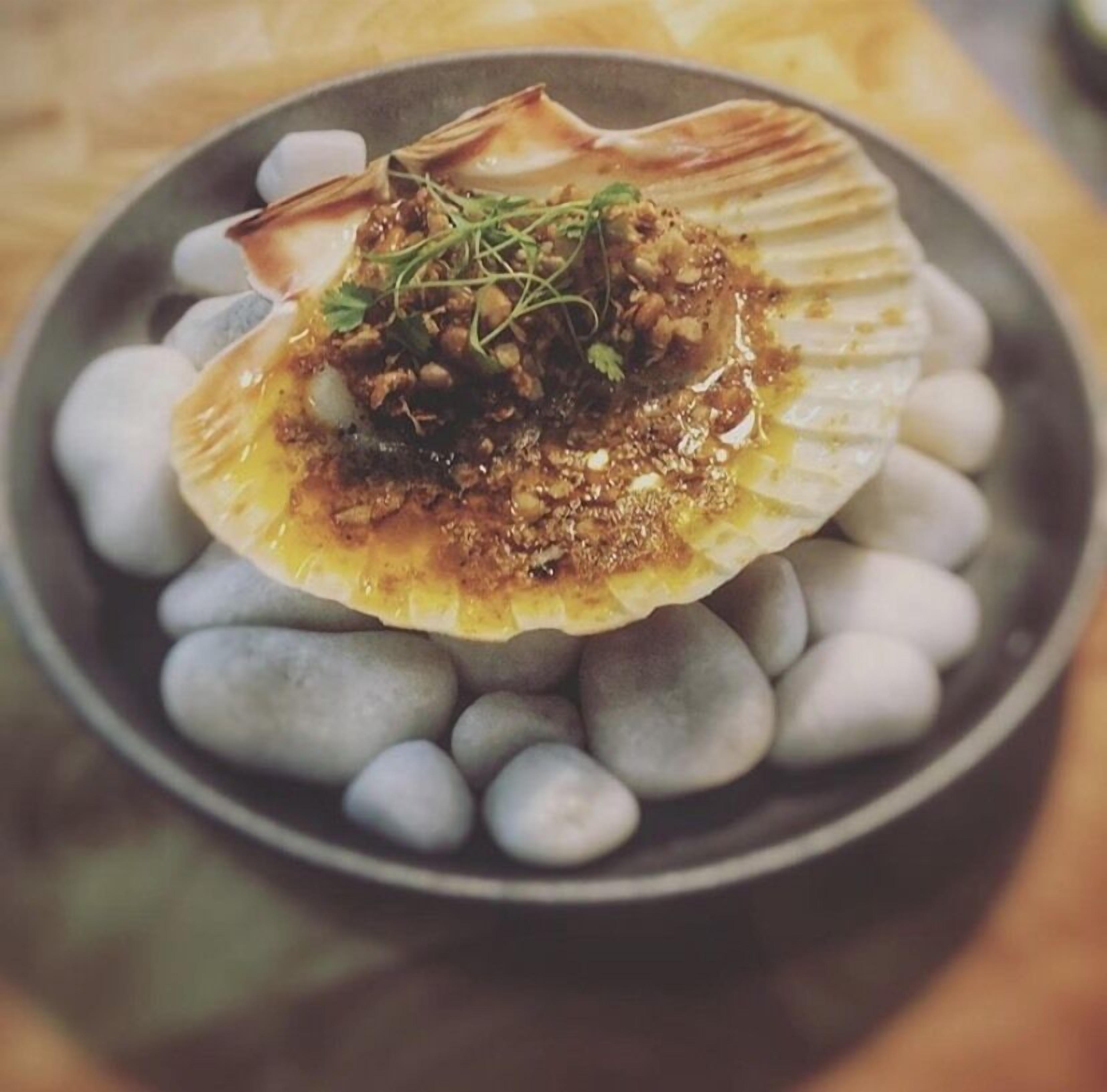 A dish of food served on a shell with a garnish, surrounded by small stones.