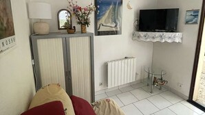 Quarto com cama, televisão, radiador e janela.