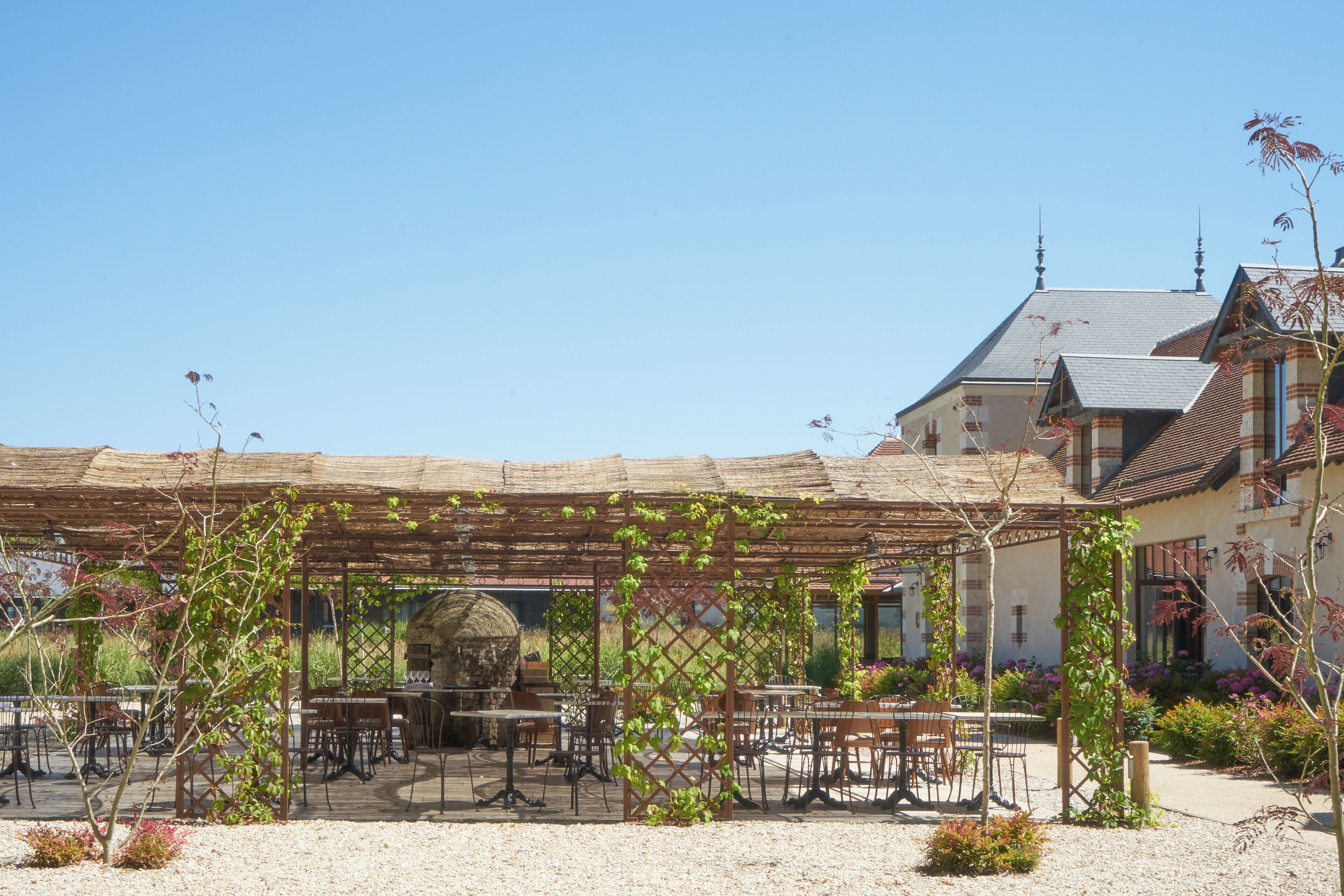 An outdoor patio with tables and chairs, a pergola with climbing plants, and a building with a tiled roof in the background.