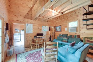 TV, fireplace, books - Near Snowmobiling: Secluded Harmony Cabin w/ Deck! (Harmony)
