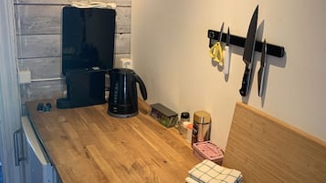 Fridge, microwave, stovetop, espresso maker