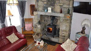 A cozy living room with a stone fireplace, leather sofas, a television, and a bookshelf. - Mc Courts Cottage, Mourne Mountains  (HILLTOWN)