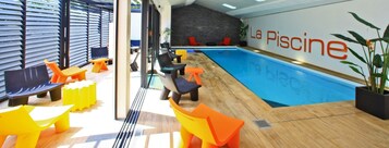 Indoor pool, open 9:00 AM to 8:00 PM, sun loungers