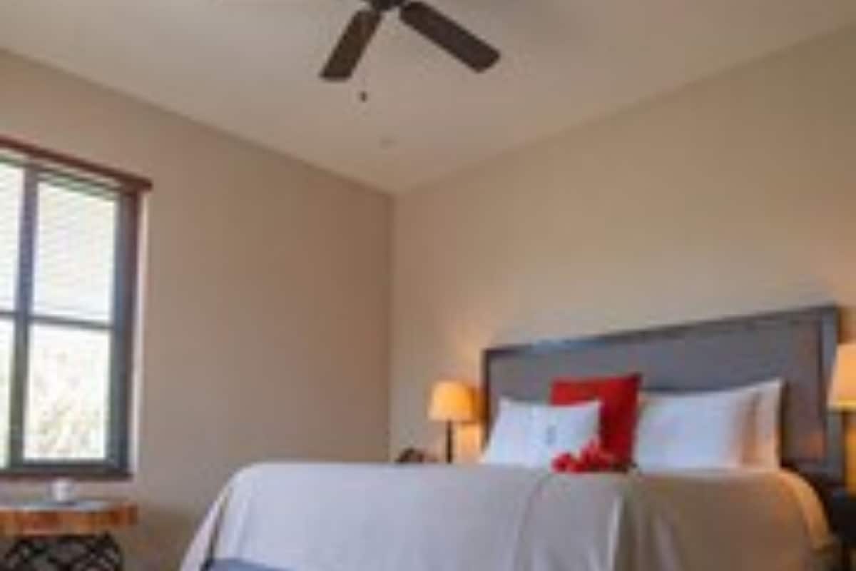 Une chambre à coucher avec un lit, une table de chevet, une lampe et une fenêtre.