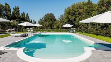 A rectangular swimming pool with a white border, surrounded by lounge chairs and umbrellas, set against a backdrop of trees and a clear sky.