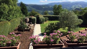 A garden with a pathway, potted plants, and a view of distant mountains. - Maddiola Apart 3, Orio (Orio)