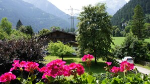 A mountain landscape with a house, lush greenery, and pink flowers. - Apart Matthias (Mayrhofen)