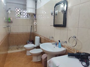Ducha, secador de pelo, pantuflas, bidet