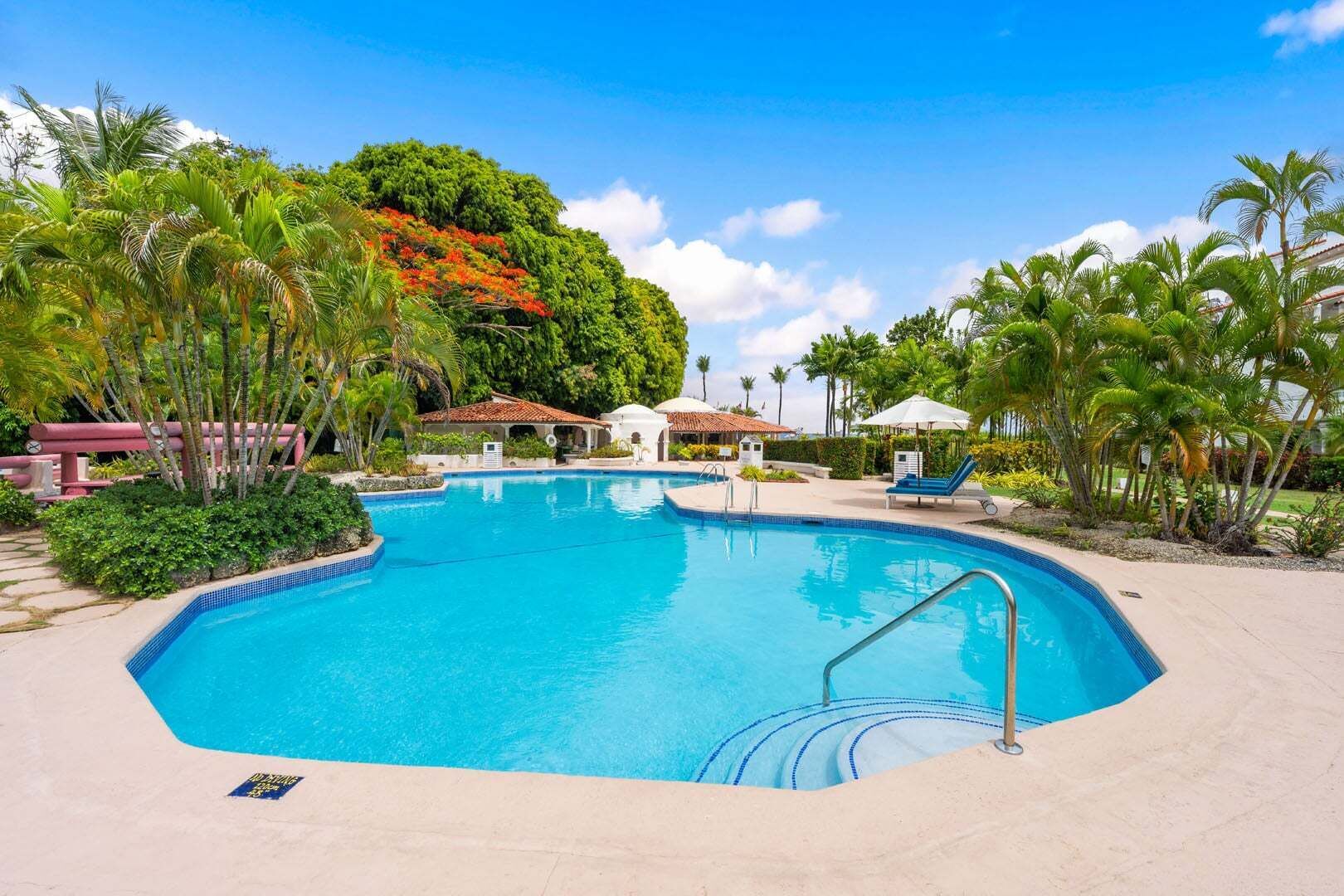 A swimming pool with a tiled edge, surrounded by palm trees and a building with a red roof.