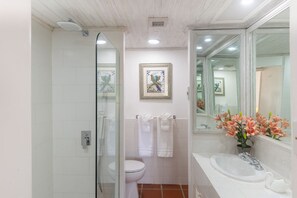 A bathroom with a glass shower enclosure, a toilet, a sink with a mirror, and a framed artwork on the wall. - Serenity on the Beach - Glitter Bay Estate 202 (Porters)
