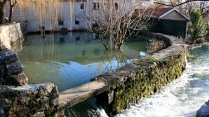 Eine Stebrücke über einem Fluss mit einem kleinen Teich und einem Gebäude im Hintergrund.