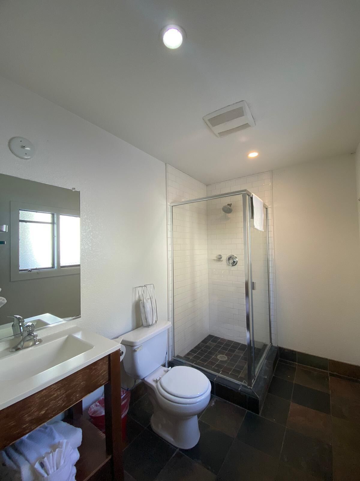 A bathroom with a shower, toilet, sink, and a mirror.