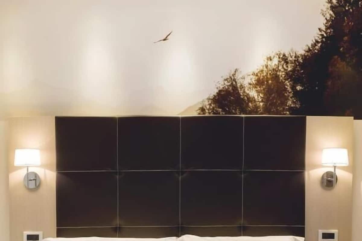 A hotel room with a large bed, two bedside lamps, and a view of trees through a window.
