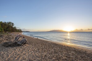 On the beach, sun-loungers, beach towels