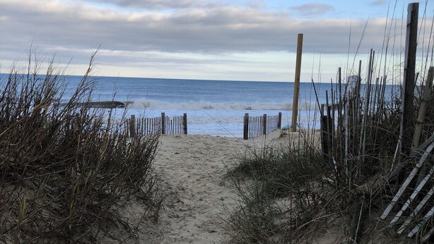Ein sandiger Strandweg, der zum Meer führt, mit Holzbefestigungen und Vegetation.