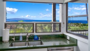 Eine Küche mit Blick auf das Meer und die Berge, inklusive Spüle und Geschirrspülmittel.