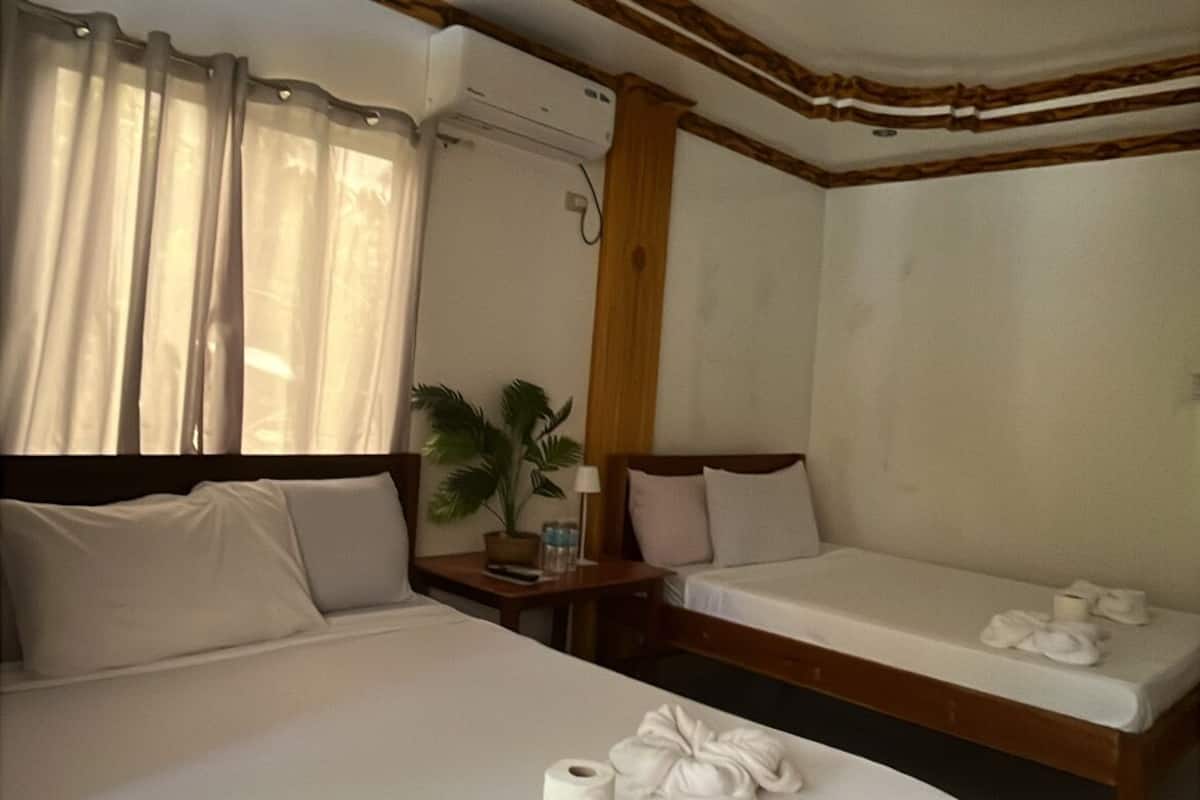 A hotel room with a large bed, a bedside table with a lamp, a small table with a plant, and a bench by the window.