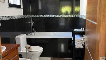 Combined shower/tub, jetted tub, hair dryer, bidet