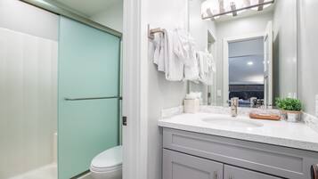 Combined shower/tub, hair dryer, towels, soap