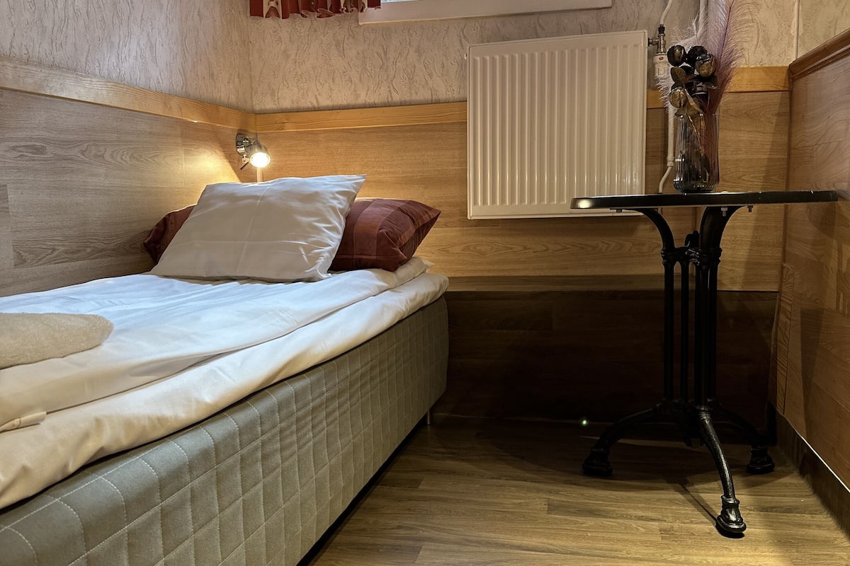 A compact room with a bed, a small table, a window with curtains, a radiator, and a plant.