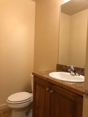 A bathroom with a white toilet, a wooden cabinet with a sink, and a mirror above the sink. - Moab Behind the Rocks Retreat - 3B/2.5B- Garage/Pool (Moab)