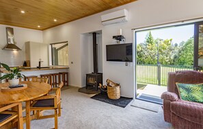 Una Smart TV, una chimenea, libros