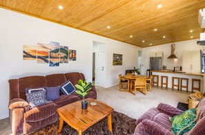 Smart TV, fireplace, books