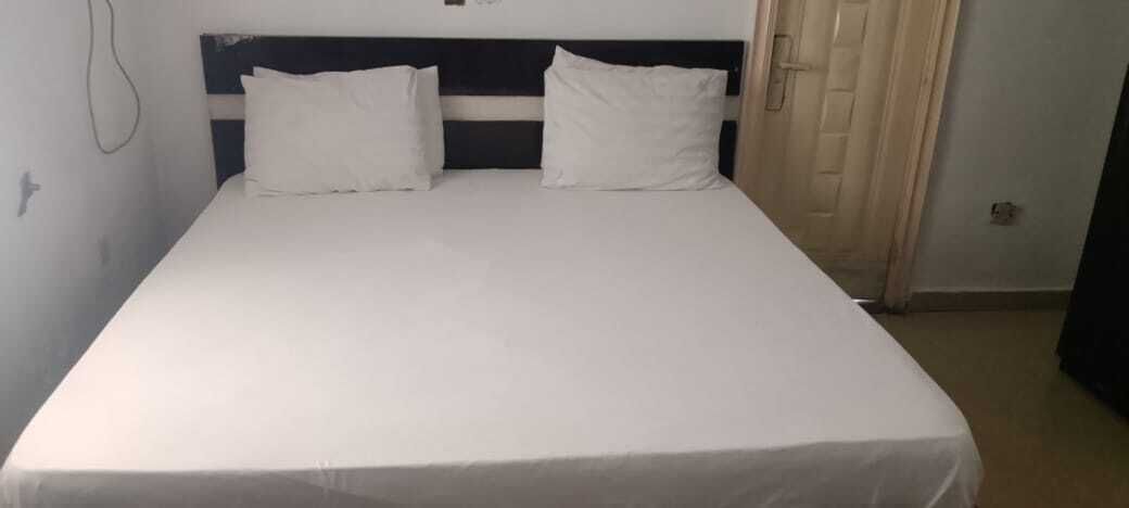 A single bed with a white mattress and two pillows, a dark headboard, and a door to the right.