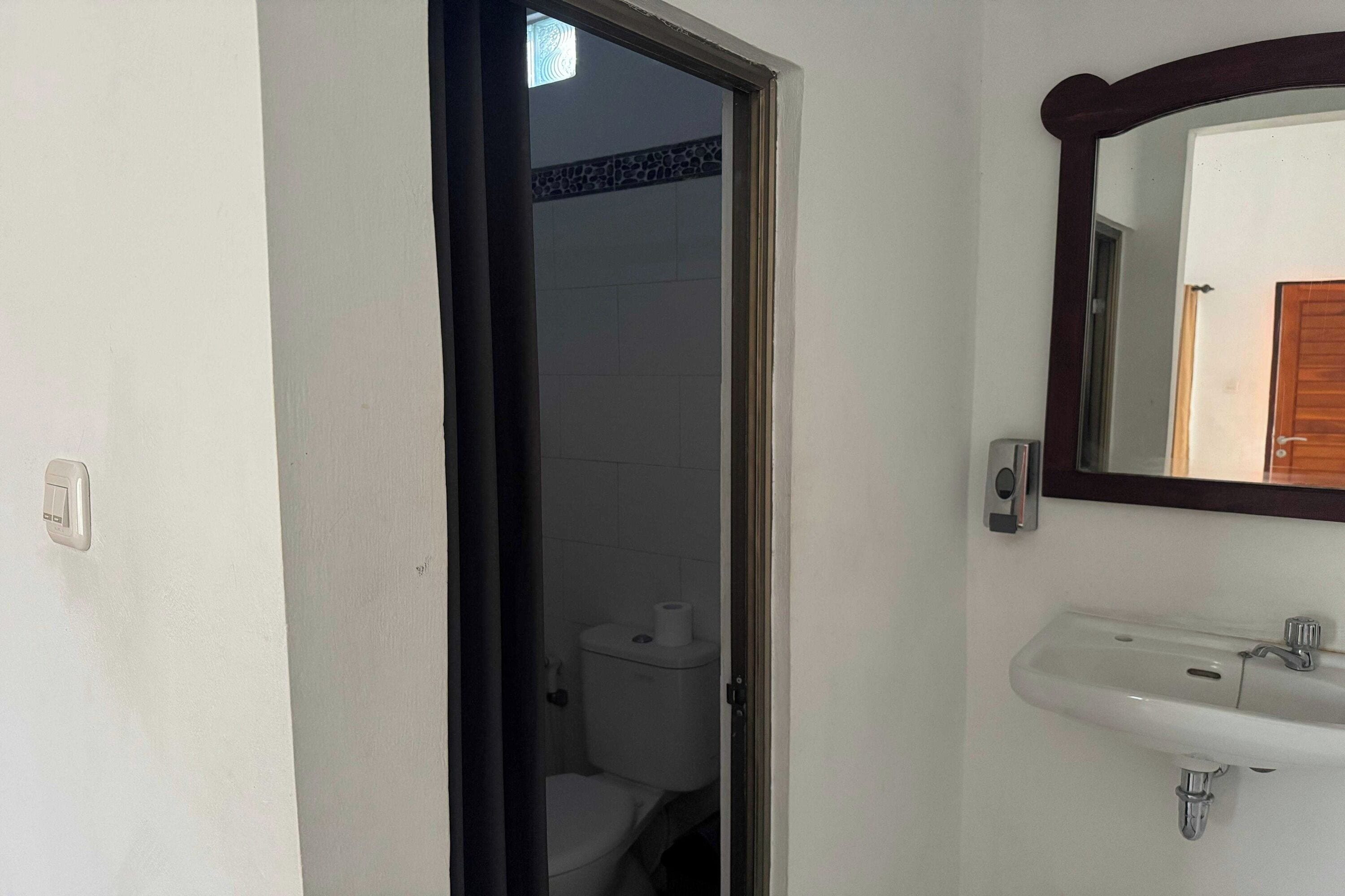 A bathroom with a toilet, a sink, and a mirror.