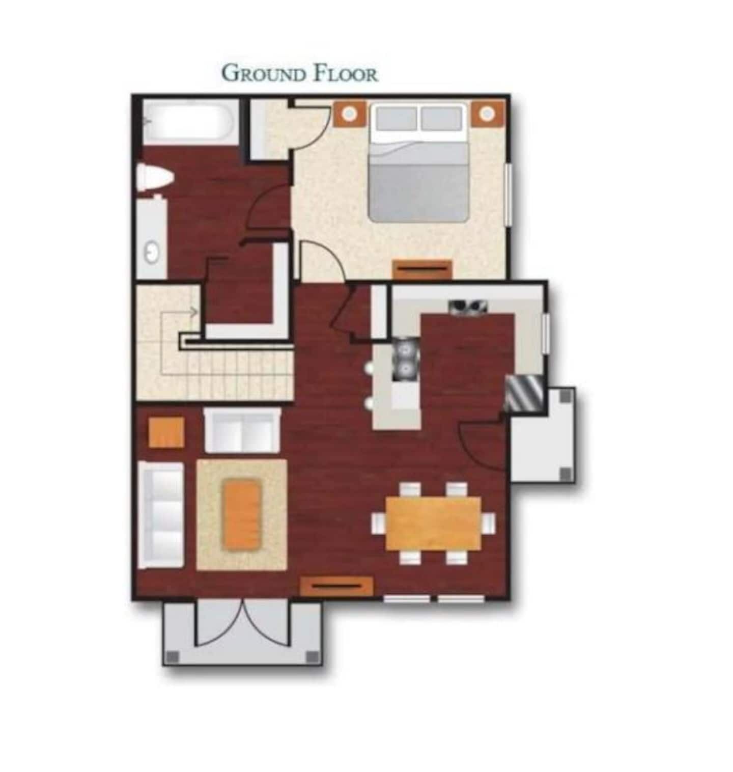 Un appartement situé au rez-de-chaussée, comprenant une cuisine, un coin repas, deux chambres, une salle de bain et un petit salon.