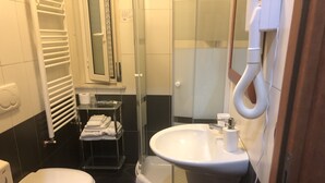 Un bagno compatto con il water, un lavabo, un portasciuga e una cabina doccia in vetro.