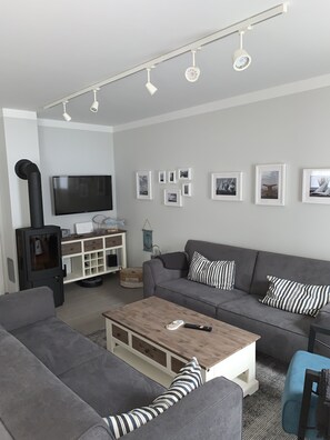 TV, fireplace, books, stereo