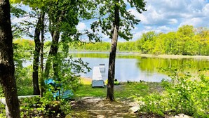 A tranquil lakeside path with a dock and kayak, surrounded by lush greenery and trees.