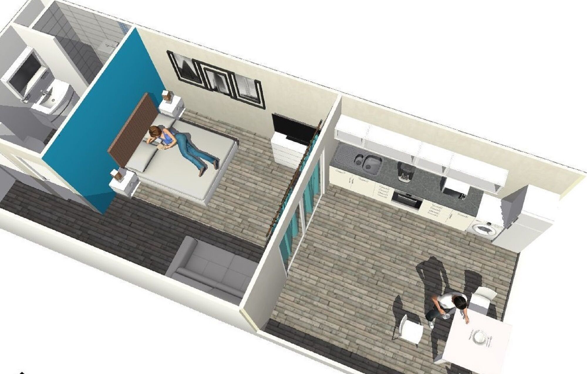 A modern hotel layout with a kitchen area, a living area with a sofa, and a separate dining space.