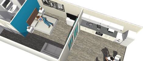 A modern hotel layout with a kitchen area, a living area with a sofa, and a separate dining space.