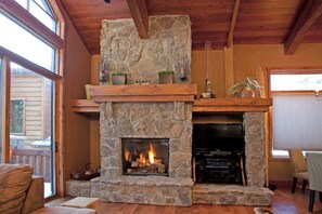 Smart TV, fireplace, DVD player, books