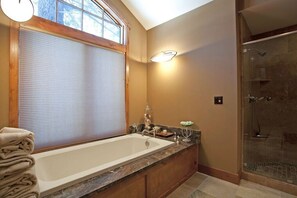 Combined shower/tub, hair dryer, towels, soap