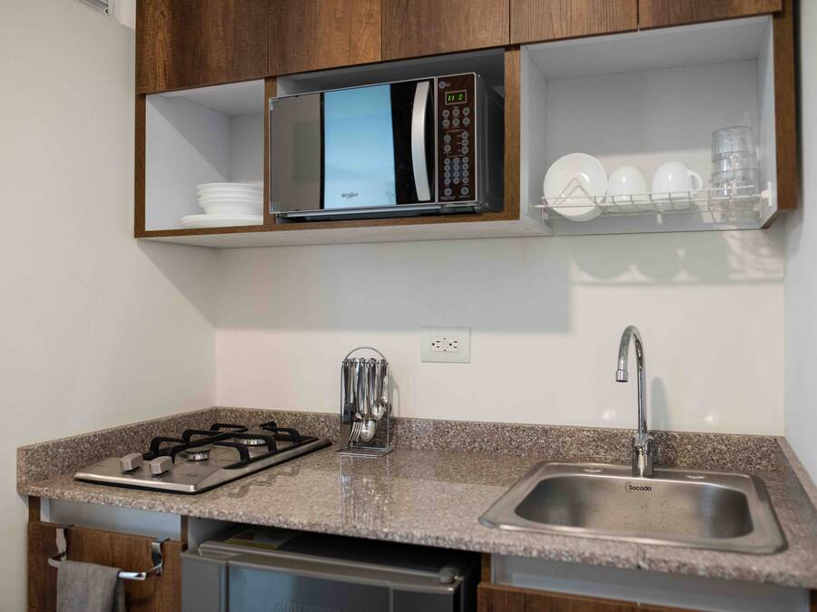 Una cocina compacta con microondas integrado, un lavamanos de acero inoxidable y una estufa a gas.