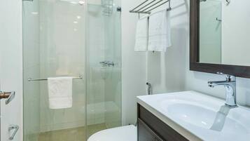 Estudi en suite prèmium | Bany | Dutxa, capçal de dutxa tipus cascada, bidet i tovalloles